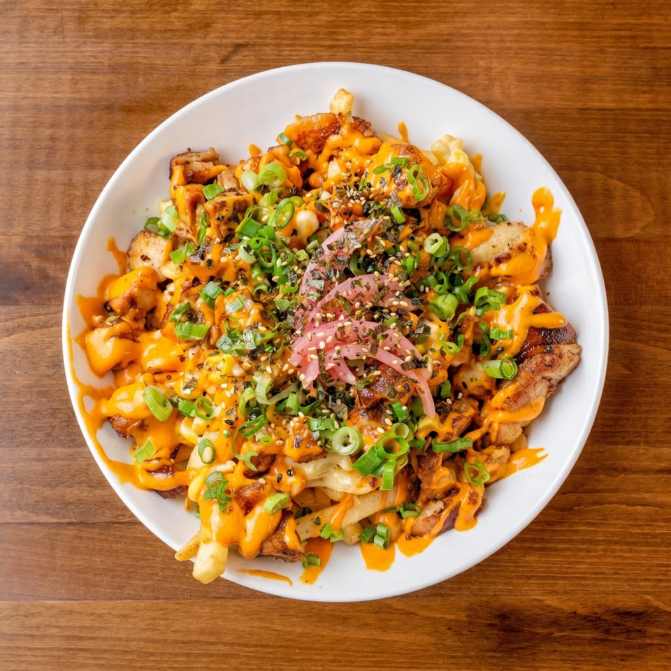 A white bowl filled with golden fries, chicken, orange sauce, green onions, and pickled red onions.