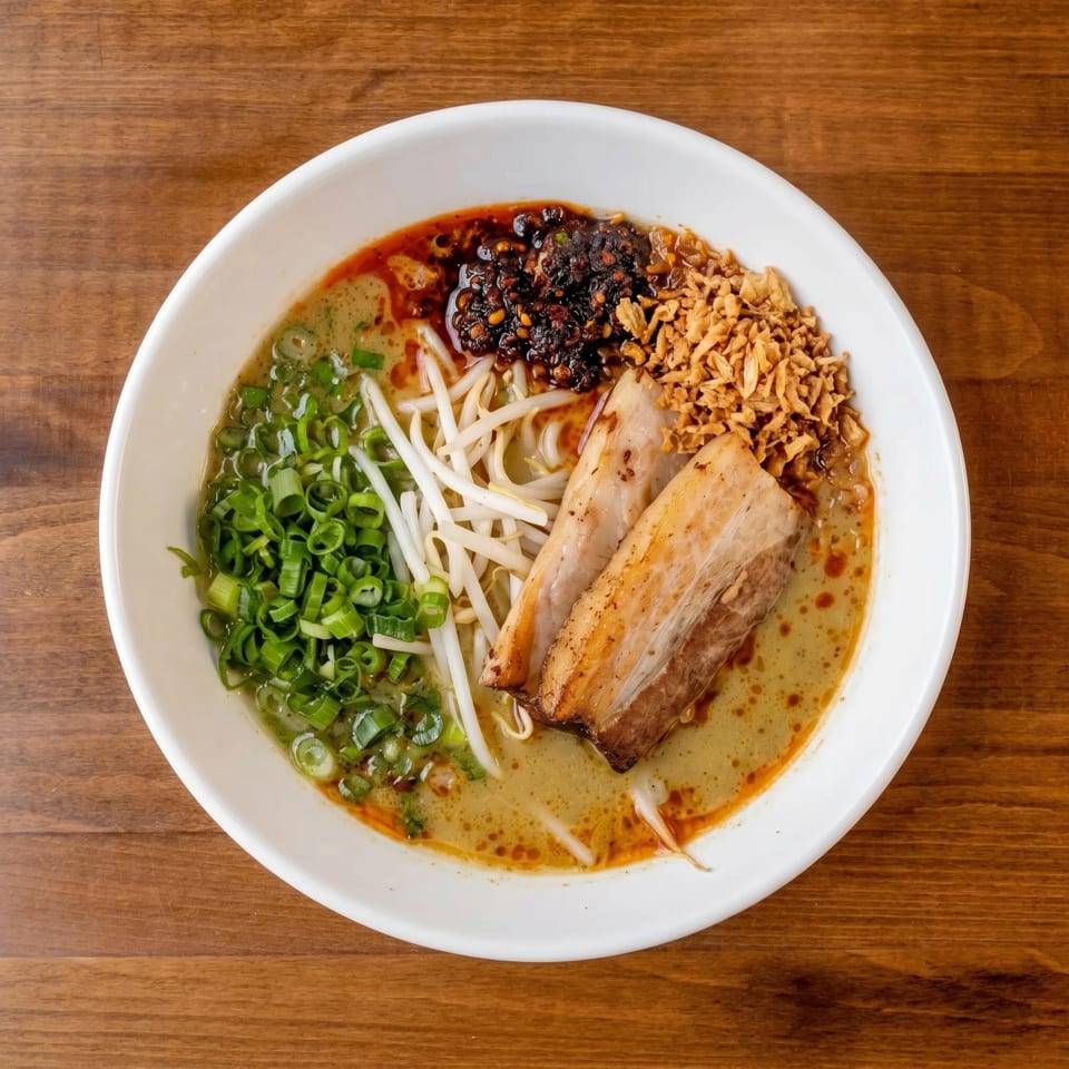 A bowl of ramen with pork belly, bean sprouts, green onions, chili oil, and fried garlic.