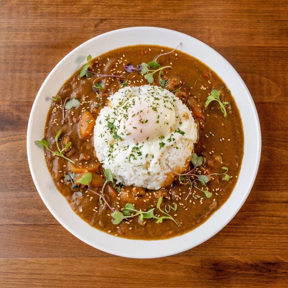 Japanese curry with rice, a poached egg, sesame seeds, and microgreens in a white bowl.