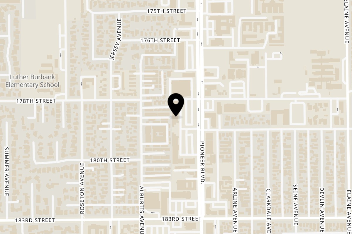 Map showing the location of Ramen Zuru on 17801 Pioneer Blvd in Artesia